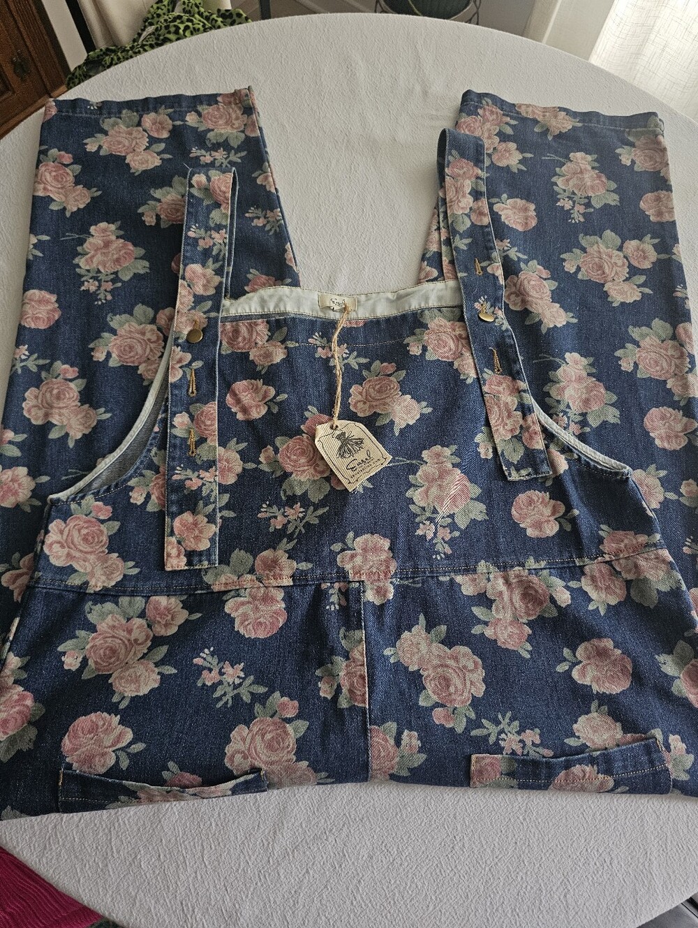 Easel Floral Cottagecore Boho Denim Women’s Overalls Navy with Pink Roses Size L